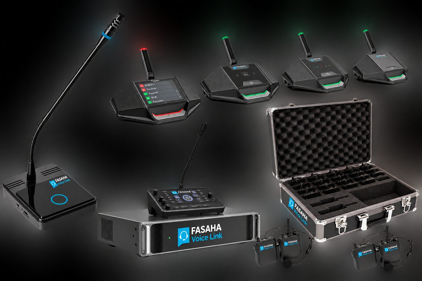 Fasaha Voice Link interpretation equipment: booths, receivers, headsets and transmitter case