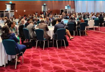 Multilingual conference banquet hall setup